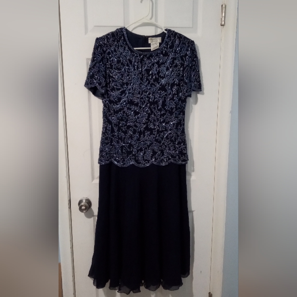 Papell Boutique Navy Beaded Asymmetrical Women's Dress